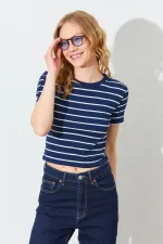 T-shirt rayé à col rond et manches courtes pour femme (25512), entièrement en lycra côtelé