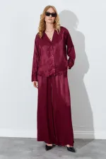 Kadın Bordo Beli İnce Lastik Detaylı Saten Pantolon