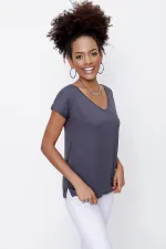 T-shirt ample à col en V gris fumé pour femme