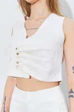 Kadın Beyaz Yanı Drapeli Gold Düğmeli Yelek