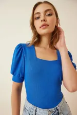 Kadın Saks Balon Kol Kare Bürümcük Kumaş Bluz