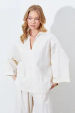 Chemise ample à col en V profond et manches coudes pour femme, couleur pierre