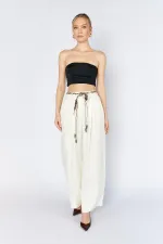 Kadın Krem Beli Fular Kemerli Floş Saten Bol Paça Pantolon
