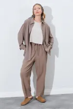 Kadın Toprak Beli Lastikli Havuç Kesim Keten Pantolon