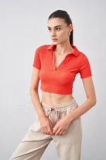 Kadın Nar Polo Yaka Bürümcük Kumaş Crop