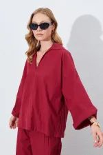 Chemise bordeaux pour femme, col en V profond, manches coudes, coupe ample