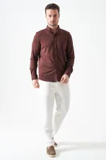 Erkek Kahve Uzun Kol Ripaş Dalgıç Slim Fit Gömlek