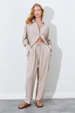 Kadın Koyu Bej Beli Lastikli Havuç Kesim Keten Pantolon