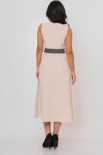 Kadın Bej Yaka Fırfırlı Önü Düğmeli Kolsuz Poplin Kumaş Uzun Elbise