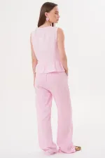 Kadın Pembe Önü Bağlamalı Kolsuz Eteği Fırfırlı Muslin Bluz