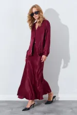 Kadın Bordo Saten Uzun Etek