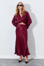 Kadın Bordo Saten Uzun Etek