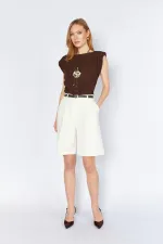 Women's Cream 2037 Single Pleated Belted Bermuda Shorts