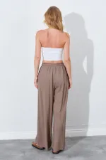 Kadın Toprak Beli Lastikli Palazzo Keten Pantolon