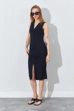 Kadın Siyah V Yaka Drapeli Kolsuz Sandy Elbise