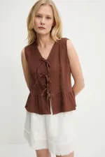 Kadın Kahve Önü Bağlamalı Kolsuz Eteği Fırfırlı Muslin Bluz