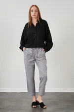 Kadın Gri Beli Bağlamalı Havuç Paça Poplin Pantolon