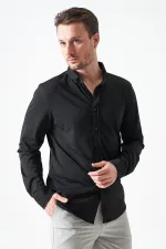 Erkek Siyah Uzun Kol Ripaş Dalgıç Slim Fit Gömlek