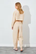 Kadın Bej Paça Düğmeli Modal Kumaş Pantolon