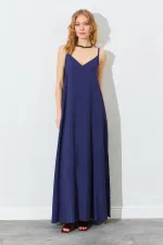Women's Navy Blue V-Neck Loose-Fitting Modal Dress