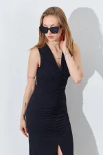 Kadın Siyah V Yaka Drapeli Kolsuz Sandy Elbise