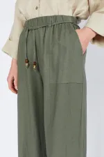 Kadın Haki Bol Paça Dışarıdan Cepli Keten Pantolon