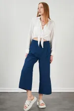Kadın İndigo Kısa Palazzo Poplin Pantolon