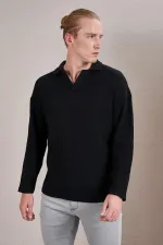 Men's Black Polo Collar Long-Sleeve Jacquard Sweatshirt