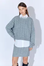 Kadın Gri Saç Örgülü Etek Kazak Takım