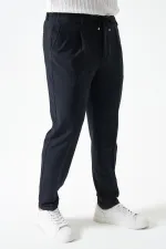 Erkek V002-Lacivert Yandan Lastikli Keten Efektli Tristan Dokuma Tek Pileli Duble Paça Pantolon