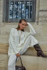 Kadın Kemik Saç Örgülü Pantolon Salaş Triko Takım