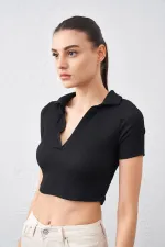 Kadın Siyah Polo Yaka Bürümcük Kumaş Crop