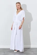 Kadın Beyaz Düşük Kol Beli Tünel Kemerli Keten Uzun Elbise
