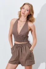 Kadın Vizon Crop Bluz Şort Keten Takım