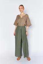 Kadın Haki Anvelop Model Keten Pantolon