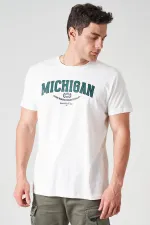 Erkek Ekru Bisiklet Yaka MICHIGAN Baskı Tişört