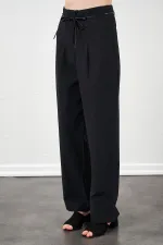 Kadın Siyah Yüksel Bel Deri Kemerli Poplin Pantolon