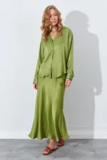 Kadın Yağ Yeşili Saten Uzun Etek