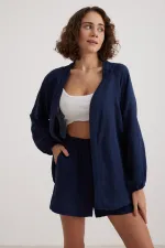 Kadın Lacivert Beli Lastikli Müslin Şort