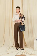 Women's Dark Brown 3522 Loose Fit Trousers with Side Buckle