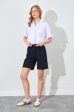 Kadın Beyaz Çift Cepli Düşük Kol Crop Gömlek