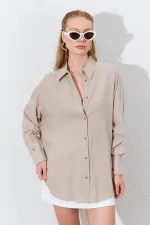 Kadın Koyu Bej Oversize Keten Gömlek
