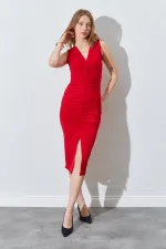 Kadın Kırmızı V Yaka Drapeli Kolsuz Sandy Elbise