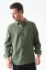 Erkek Haki Uzun Kol Basic Pamuk Flam Regular Gömlek