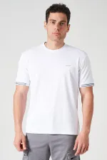 Erkek Beyaz Bisiklet Yaka Kol Yaka Şeritli Kagi Kumaş Tişört