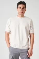 Erkek Bej Bisiklet Yaka Kol Ve Etek Ribanalı İki İp Rahat Kalıp Tişört