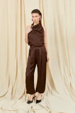 Kadın Kahve 9087 Yaka Bağlamalı Gold Tokalı Şalvar Pantolonlu Saten Takım