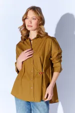 Kadın Haki Önü Kısa Arkası Uzun Oversize Poplin Gömlek