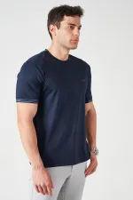 Erkek Lacivert Bisiklet Yaka Kol Yaka Şeritli Kagi Kumaş Tişört