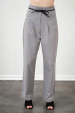 Kadın Gri Yüksel Bel Deri Kemerli Poplin Pantolon